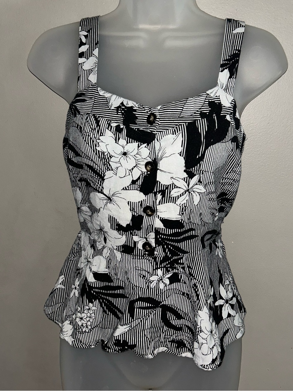 Peplum Tank Top - black/white floral and stripe print button front